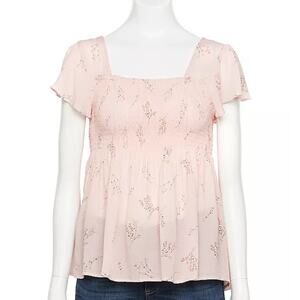 Rewind | Peachy Pink Dainty Floral Smocked Short-Sleeve Babydoll Top Small